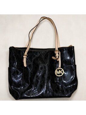 Michael Kors Black Patent MK Logo Tote Bag Shoulder Purse Large